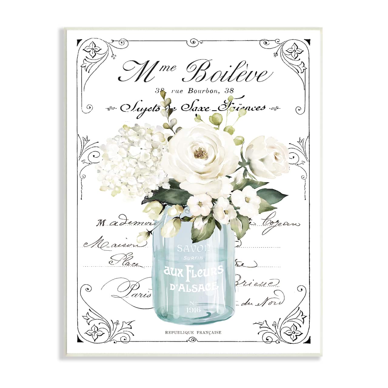 Stupell Industries Vintage Parisian Floral Bouquet White Farmhouse Flowers Wall Plaque